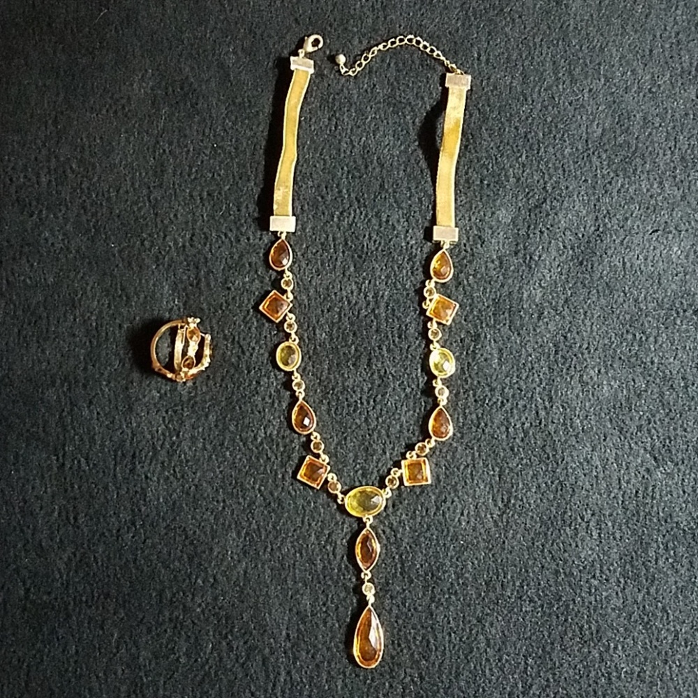 Necklace & earrings, gold-toned & amber crystals
